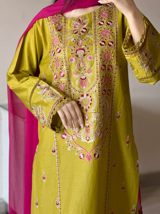 Olive Embroidered 3PC