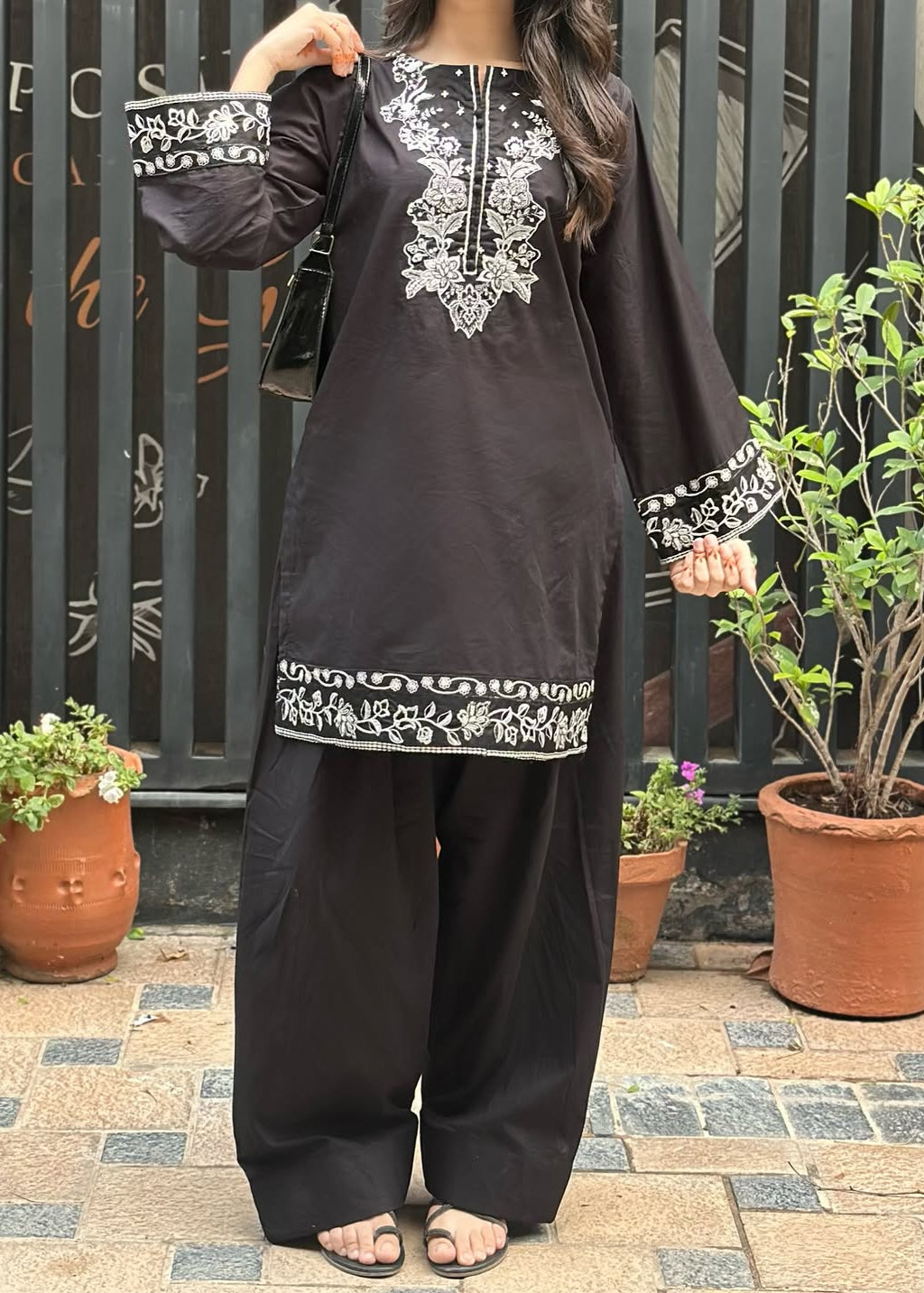 Lavish Black Embroidered 2 PC (Short Shirt with Farshi Shalwar)