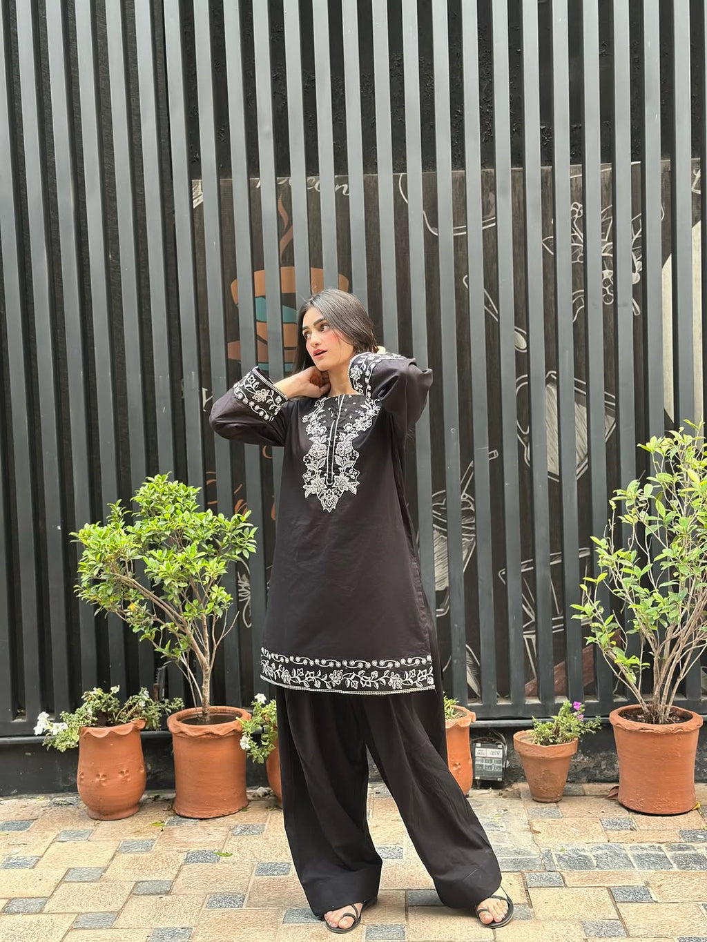 Lavish Black Embroidered 2 PC (Short Shirt with Farshi Shalwar)
