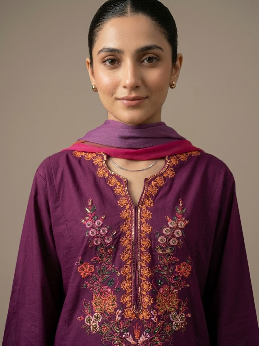 Mahira –   Maroon Embroidered 3 pc