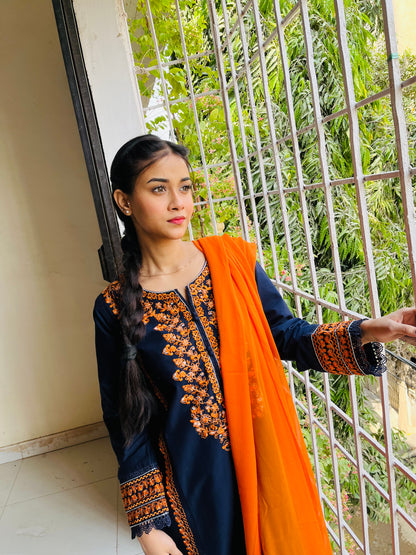 Navy Blue Embroidered 3 pc