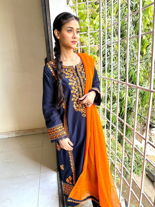 Navy Blue Embroidered 3 pc