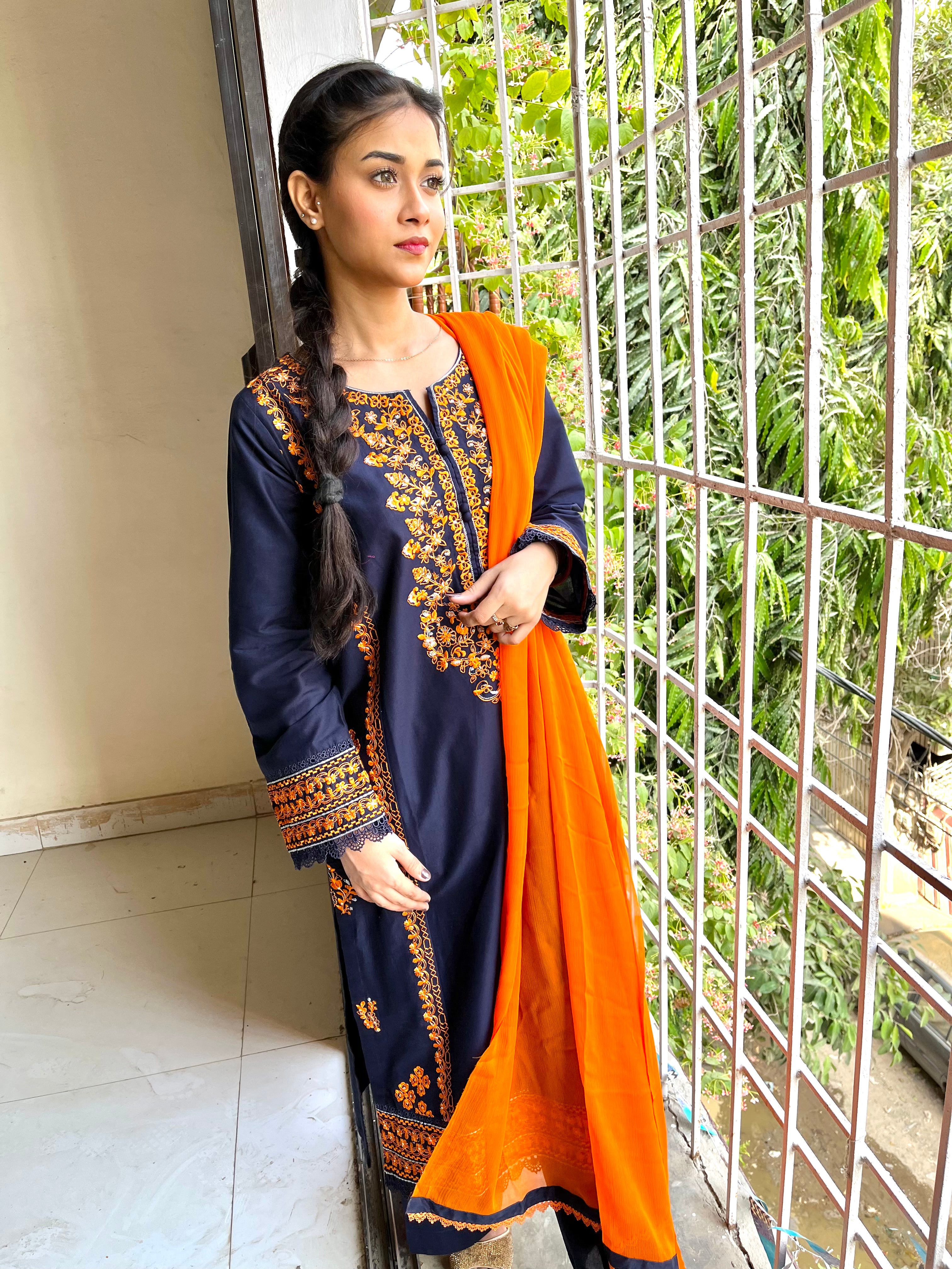 Navy Blue Embroidered 3 pc