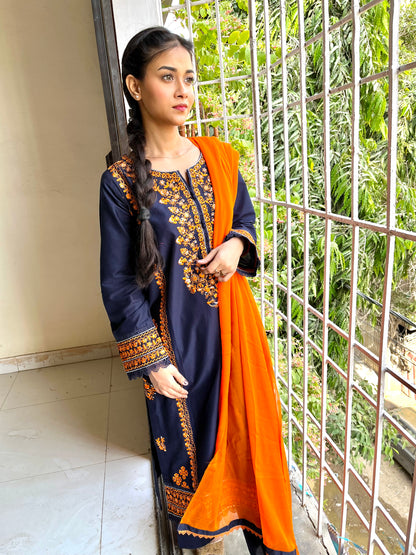 Navy Blue Embroidered 3 pc