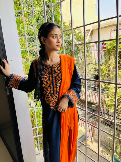 Navy Blue Embroidered 3 pc