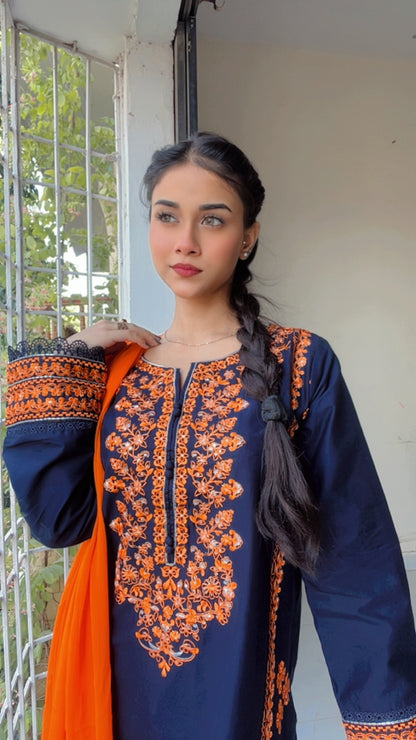 Navy Blue Embroidered 3 pc