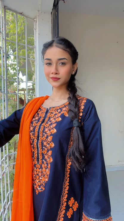 Navy Blue Embroidered 3 pc