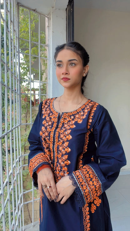 Navy Blue Embroidered 3 pc