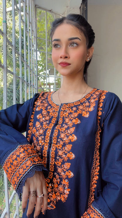 Navy Blue Embroidered 3 pc