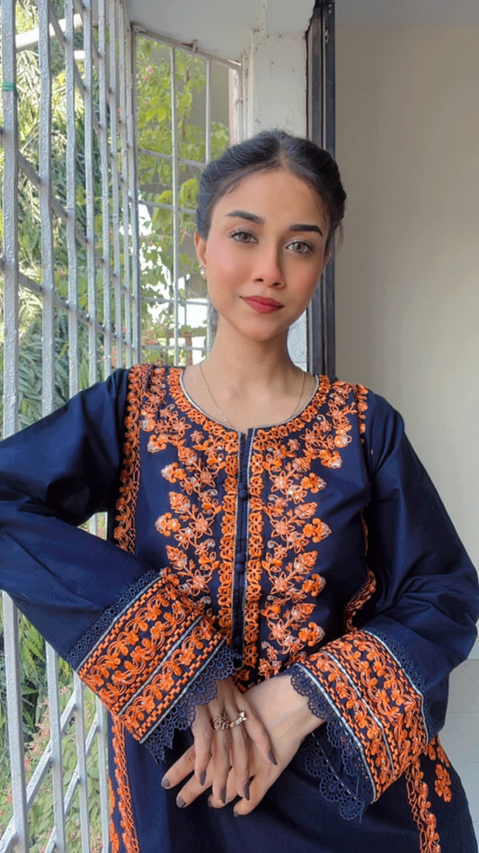 Navy Blue Embroidered 3 pc