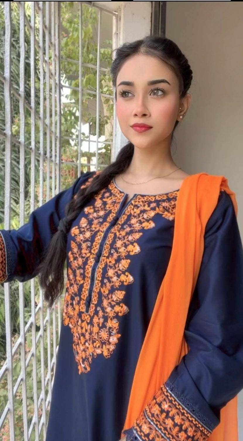 Navy Blue Embroidered 3 pc