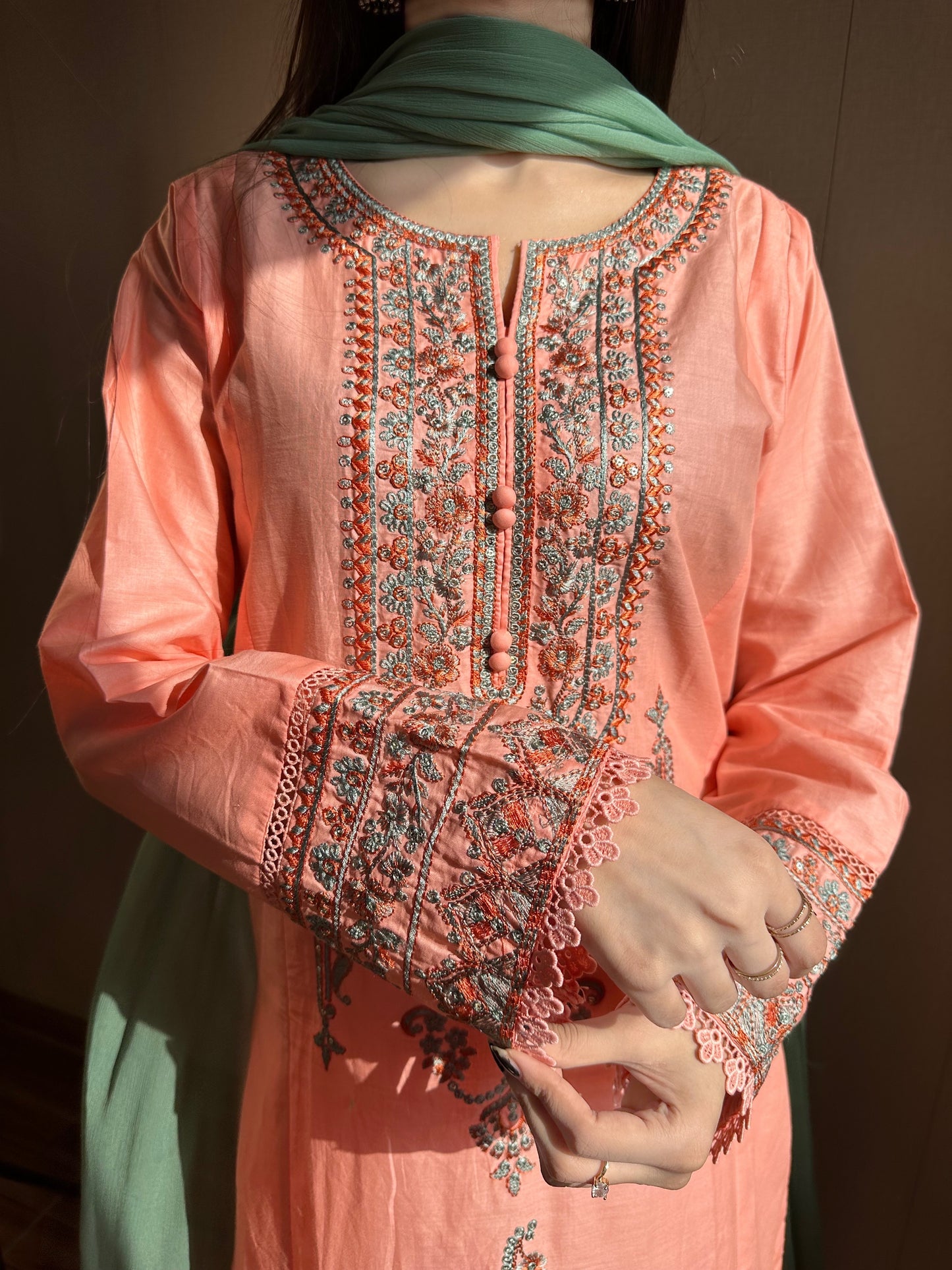 Coral Pink Embroidered 3PC