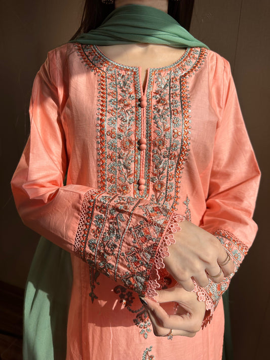 Coral Pink Embroidered 3PC