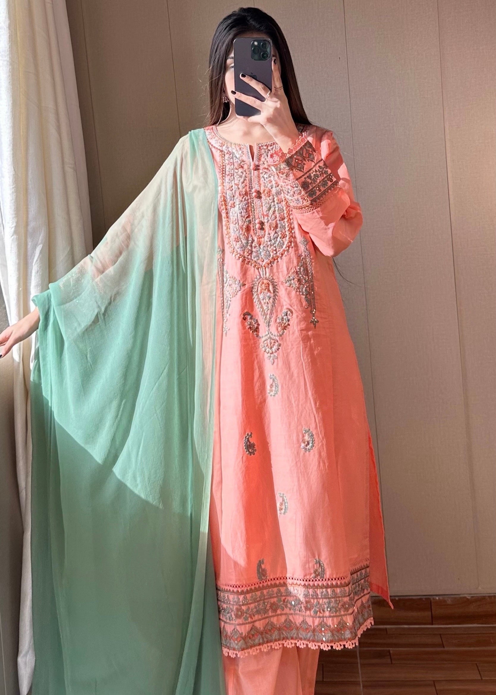 Coral Pink Embroidered 3PC