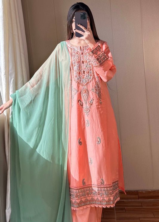 Coral Pink Embroidered 3PC