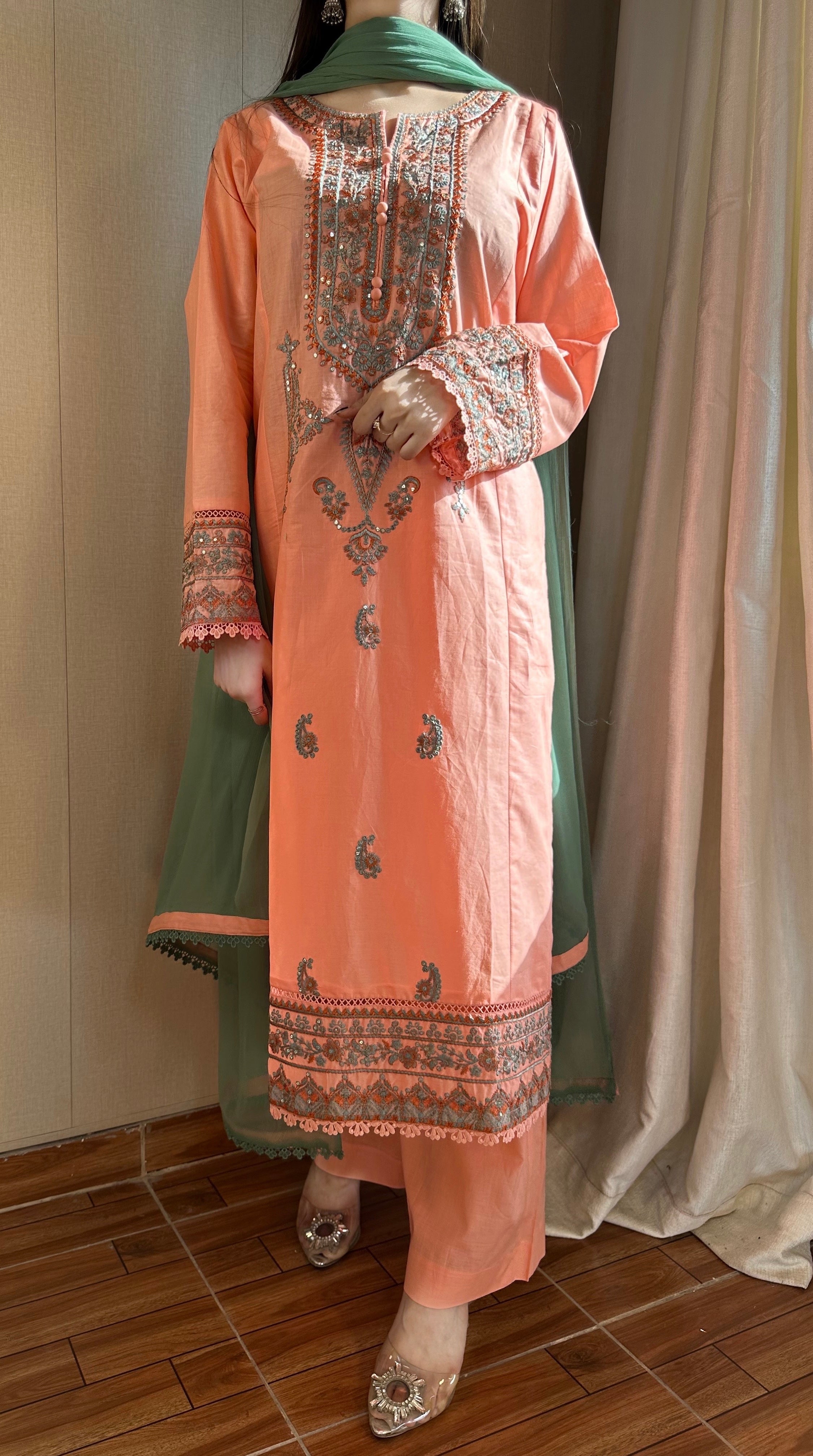 Coral Pink Embroidered 3PC