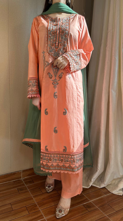 Coral Pink Embroidered 3PC