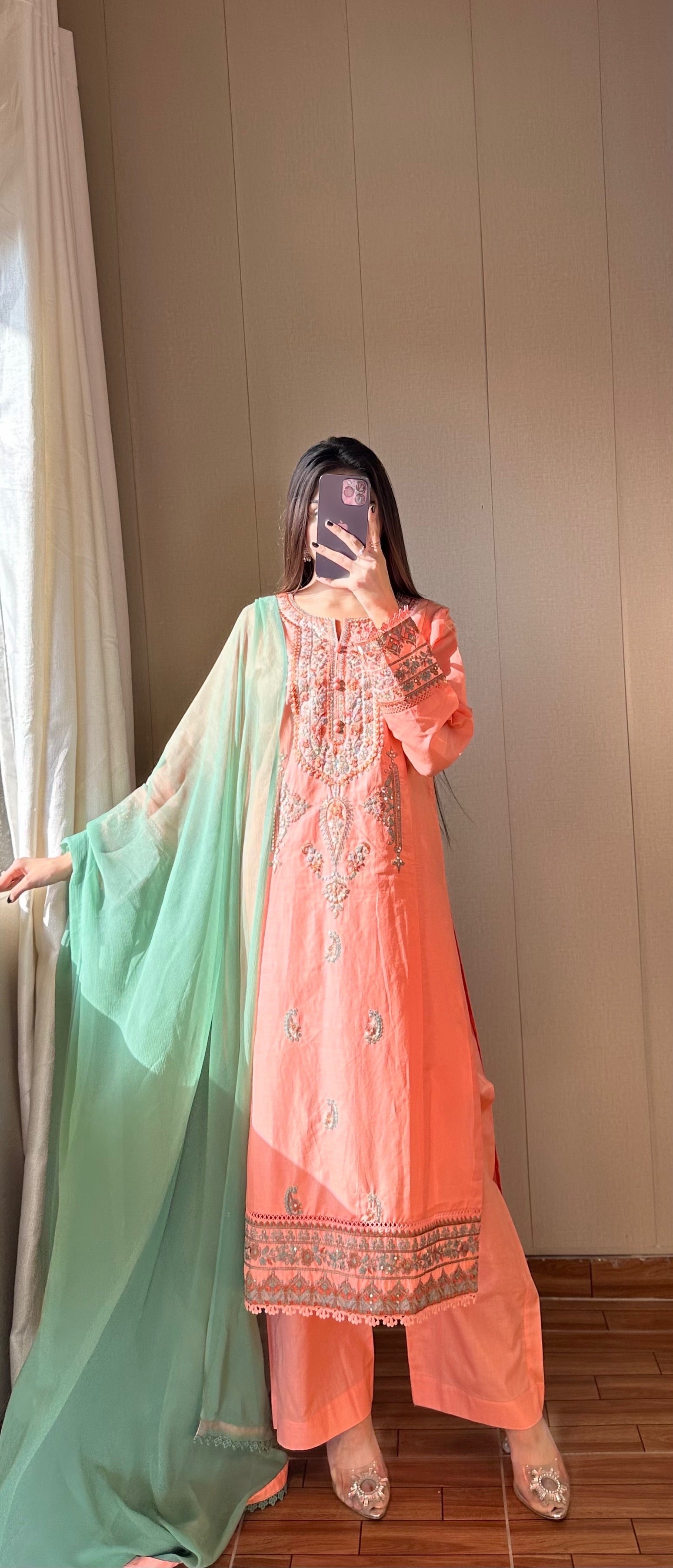 Coral Pink Embroidered 3PC