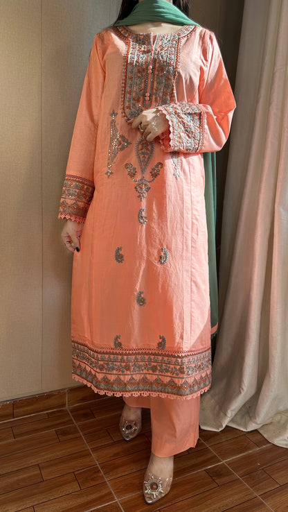 Coral Pink Embroidered 3PC