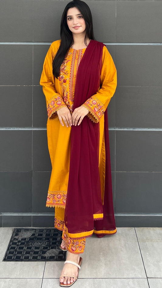 Mustard Embroidered 3  piece