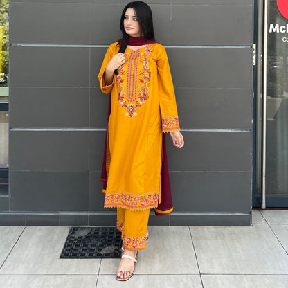 Mustard Embroidered 3  piece