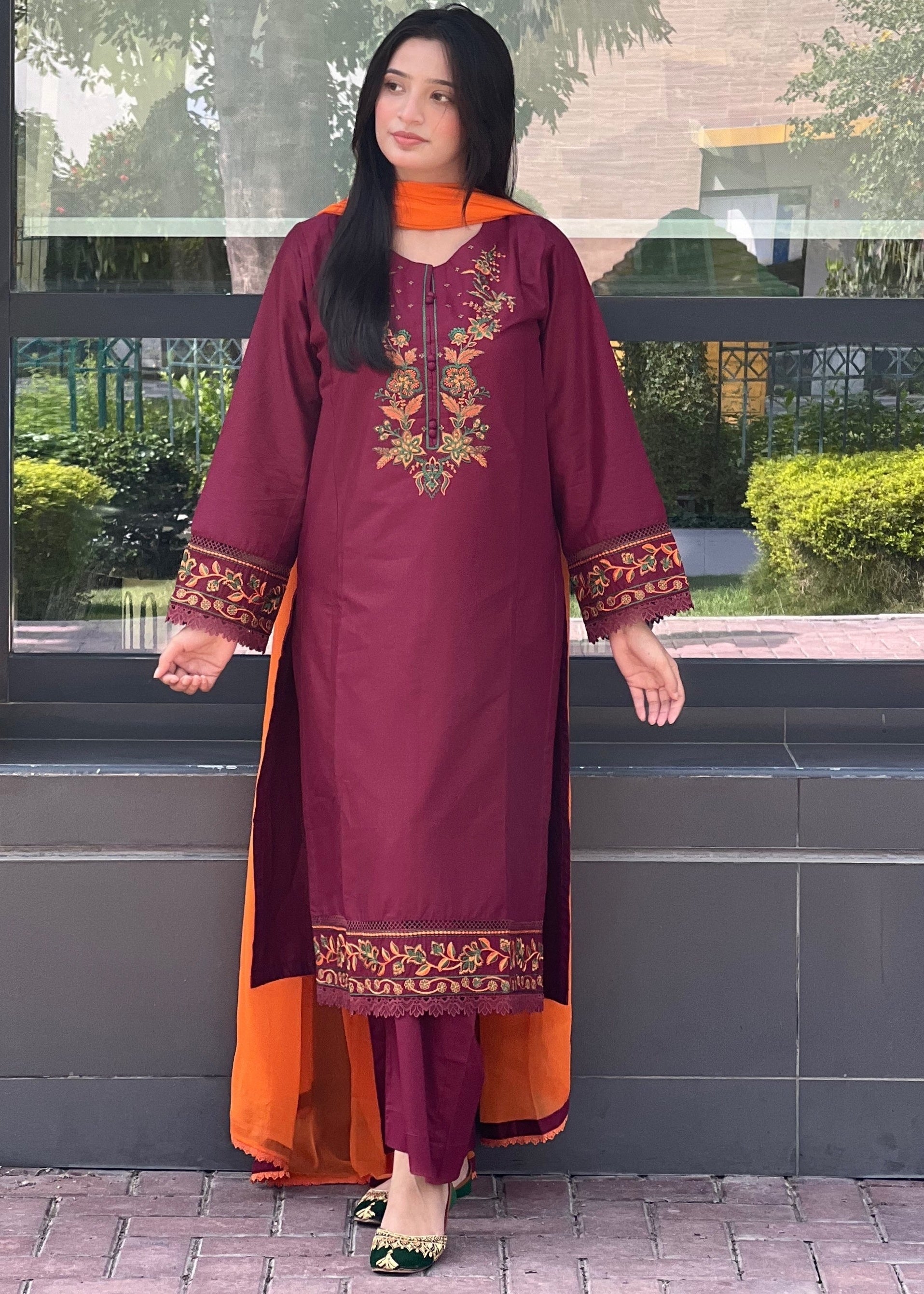 Majestic  Maroon Embroidered 3 pc