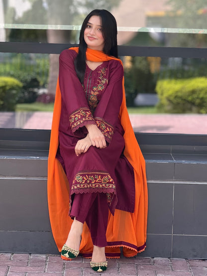 Majestic  Maroon Embroidered 3 pc