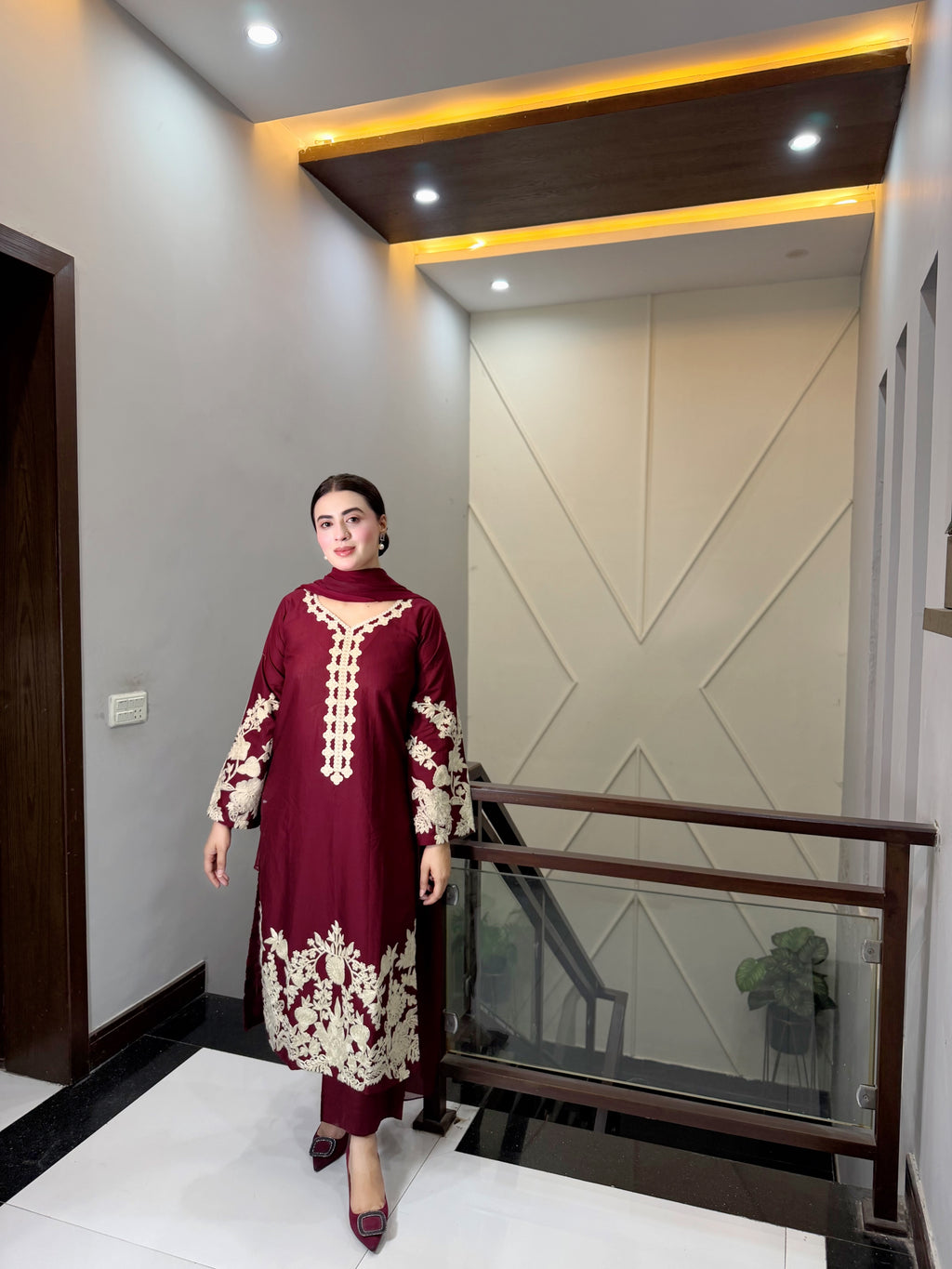ZIMAL  Maroon Embroidered 3 pc