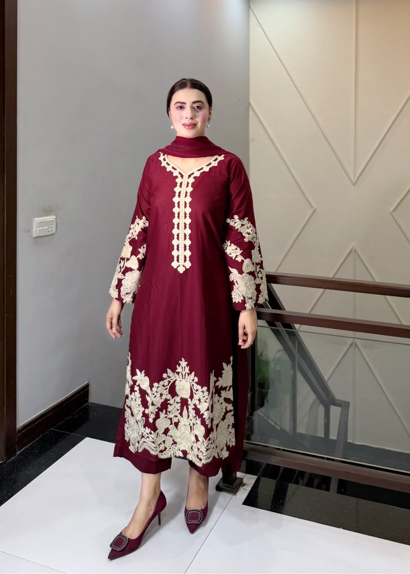 ZIMAL  Maroon Embroidered 3 pc