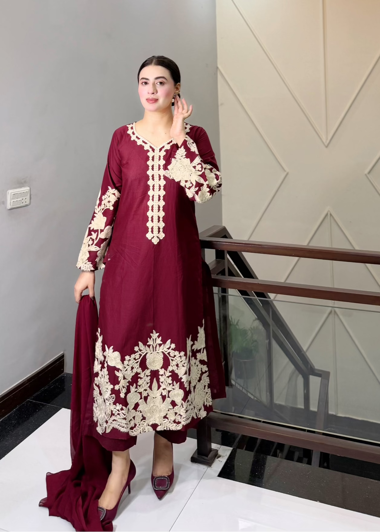 ZIMAL  Maroon Embroidered 3 pc