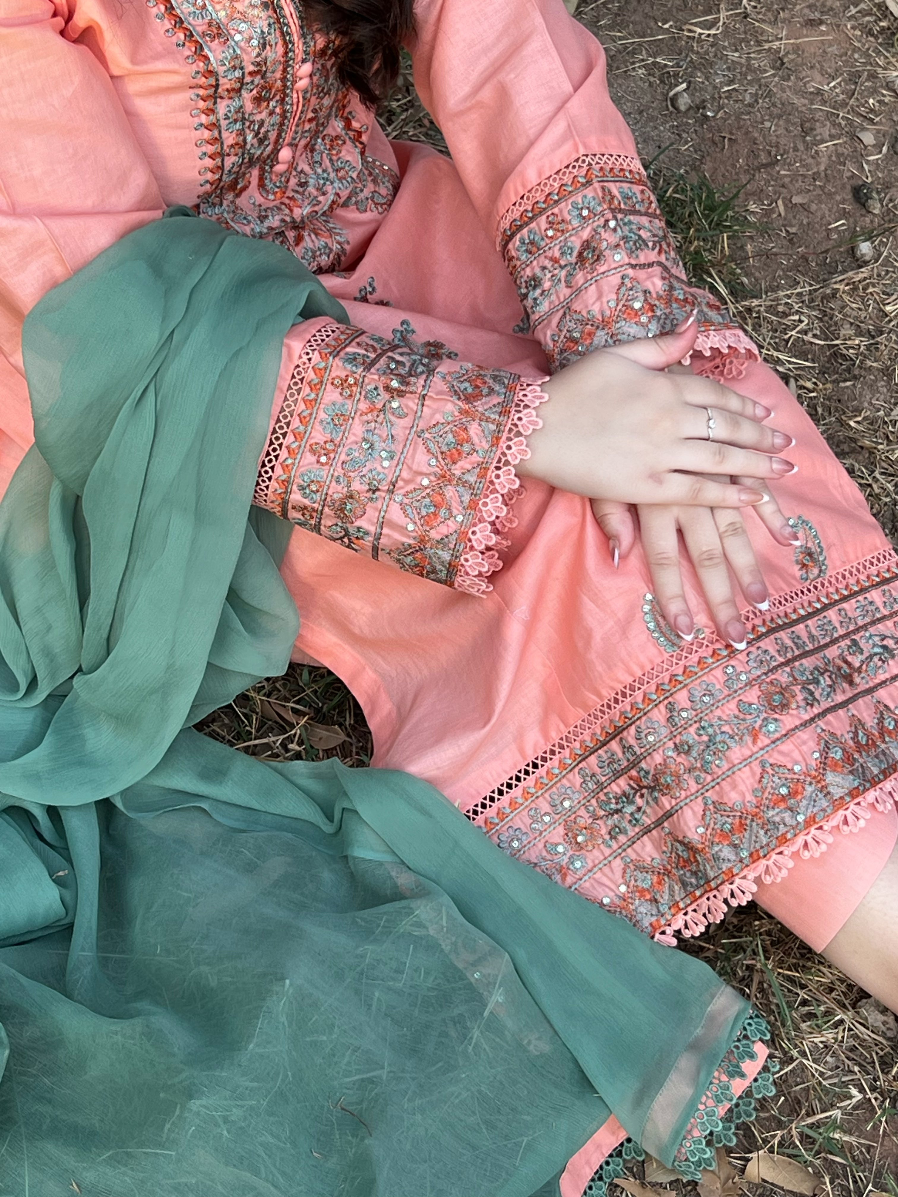 Coral Pink Embroidered 3PC