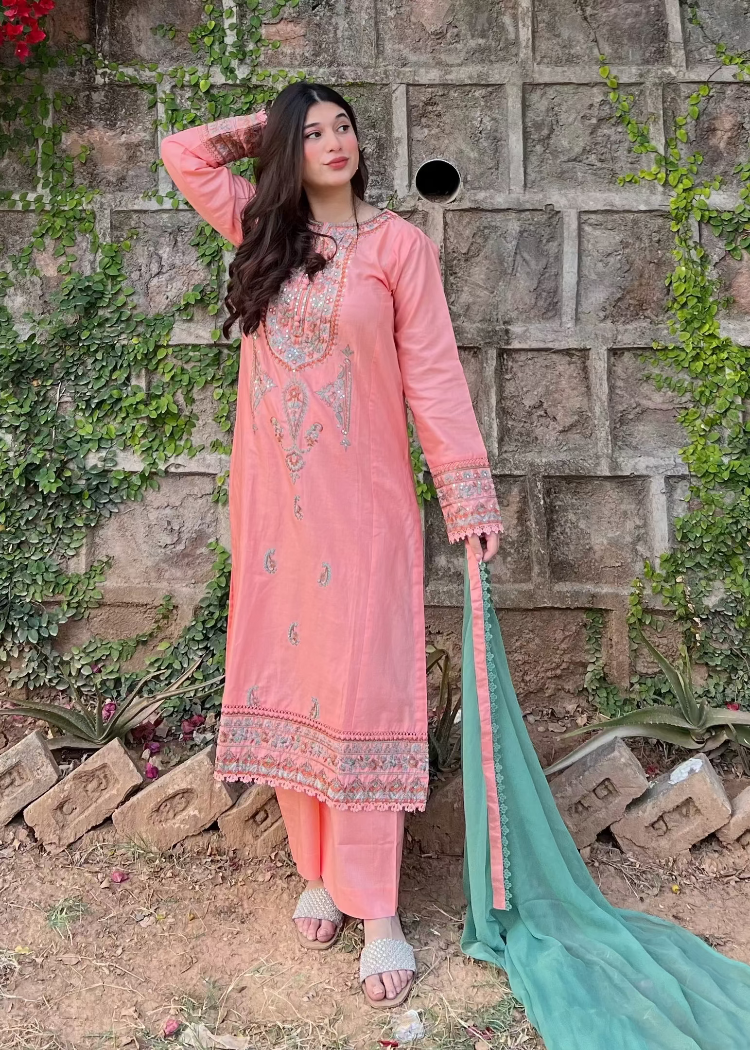 Coral Pink Embroidered 3PC