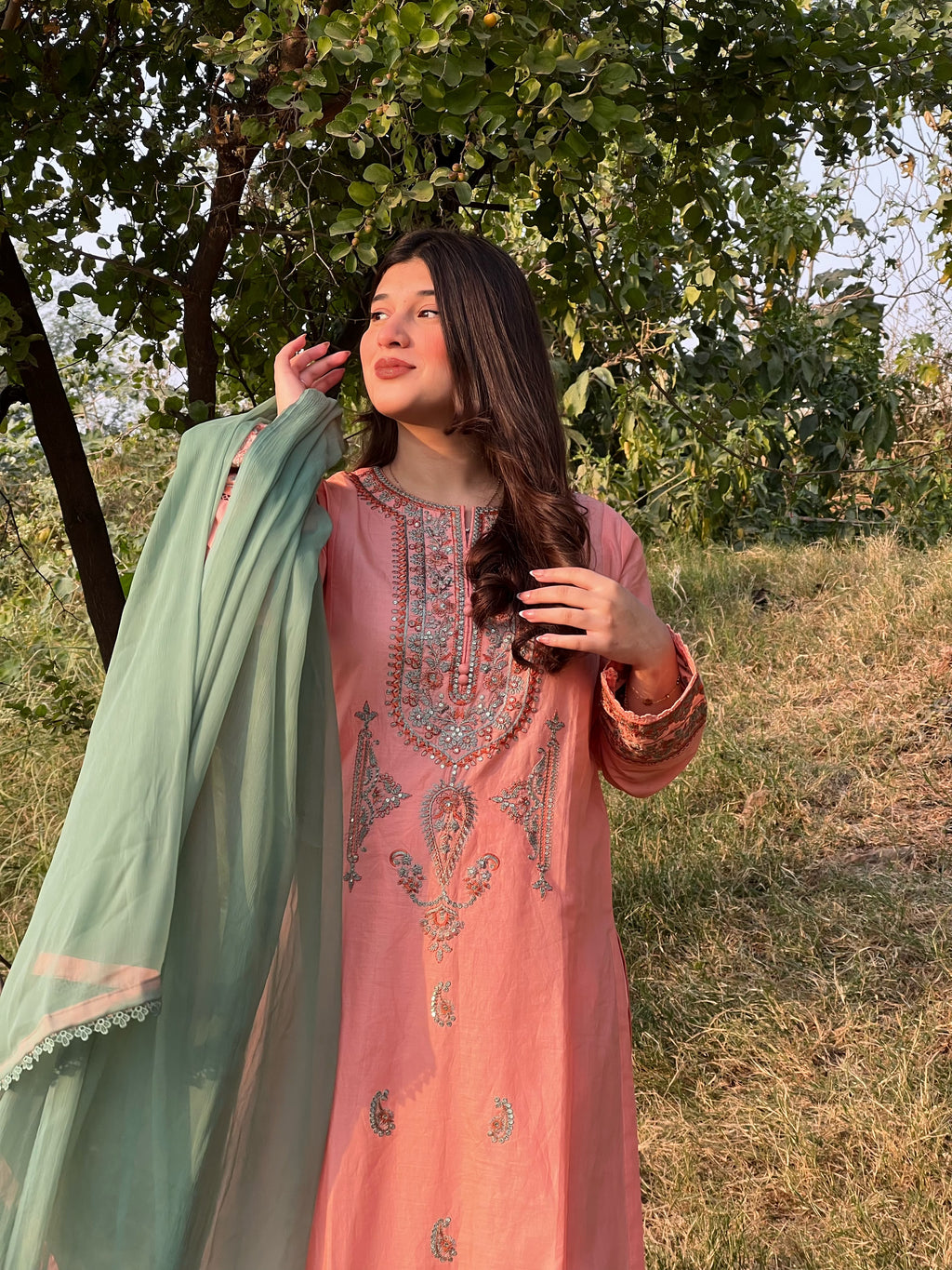 Coral Pink Embroidered 3PC