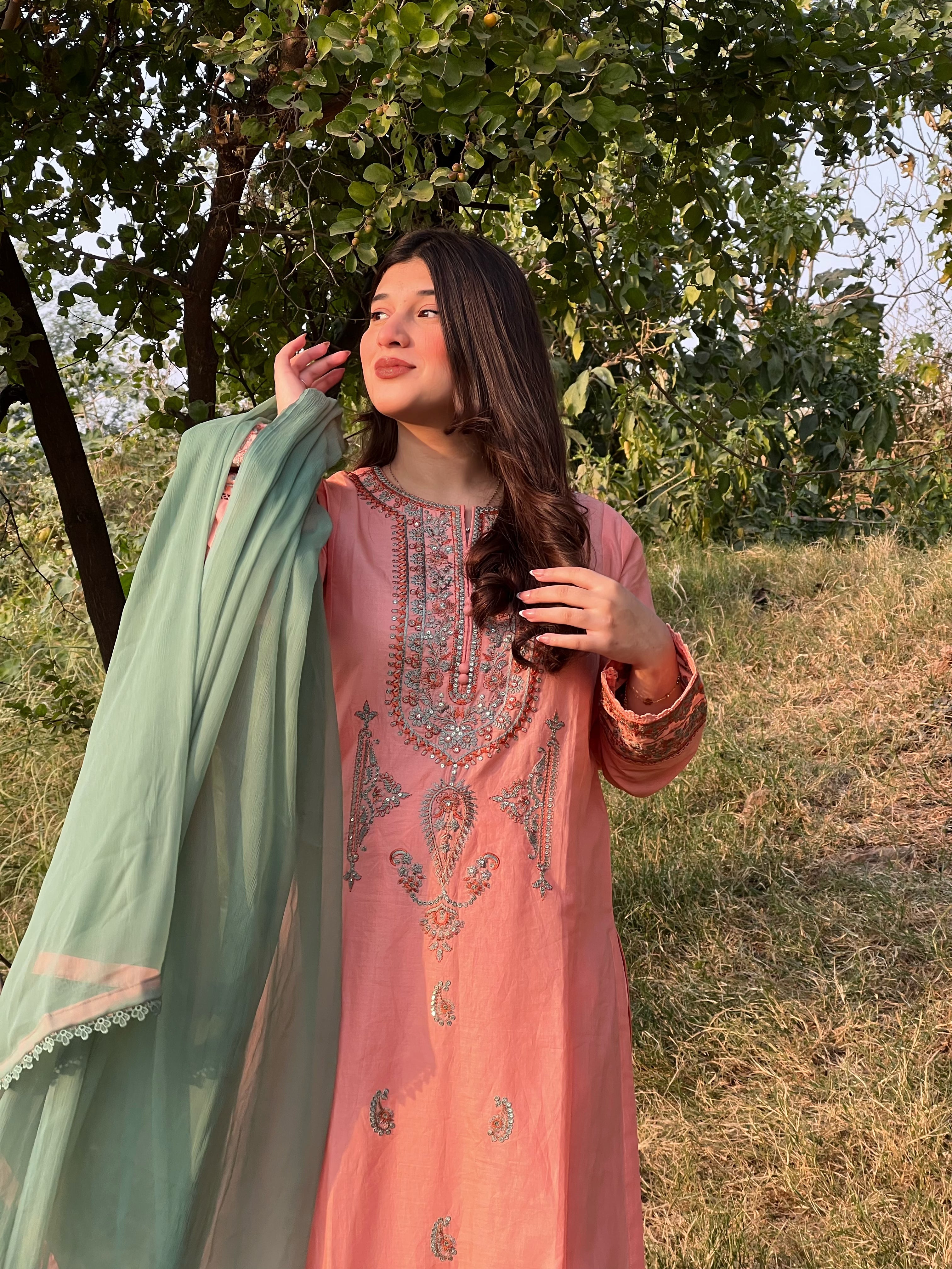 Coral Pink Embroidered 3PC