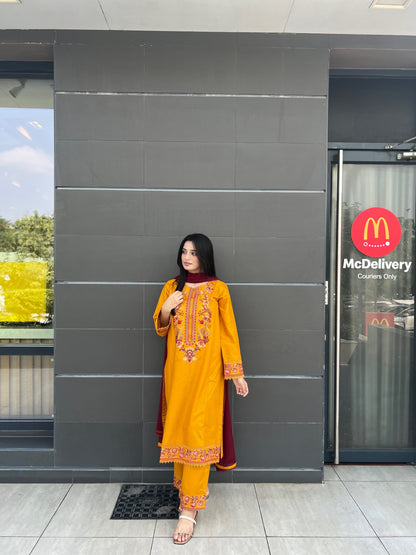 Mustard Embroidered 3  piece