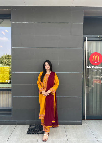 Mustard Embroidered 3  piece