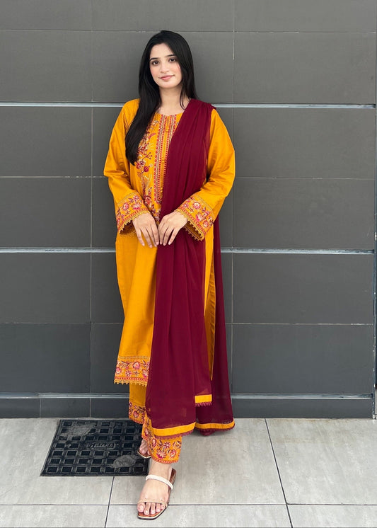 Mustard Embroidered 3  piece