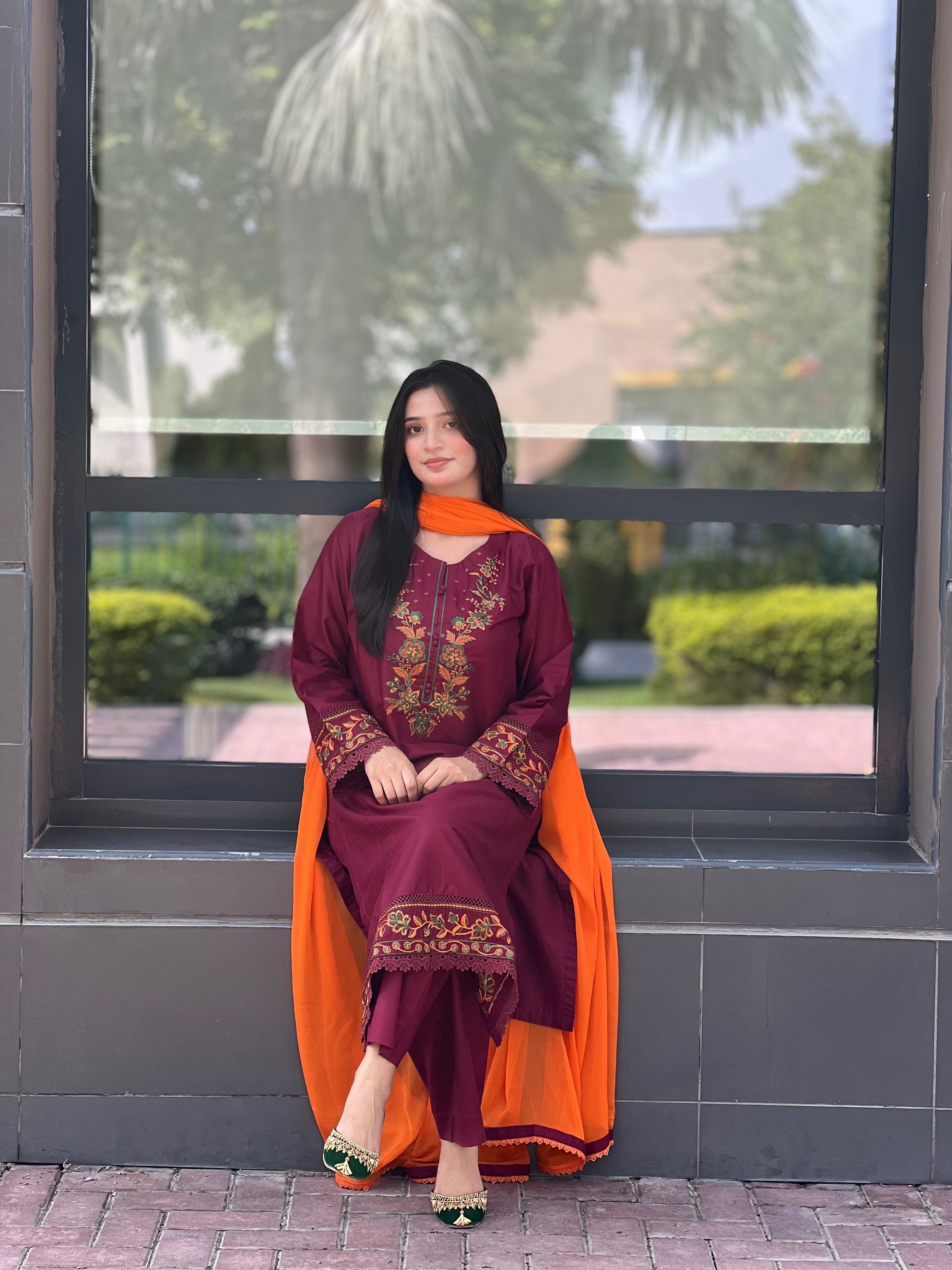 Majestic  Maroon Embroidered 3 pc