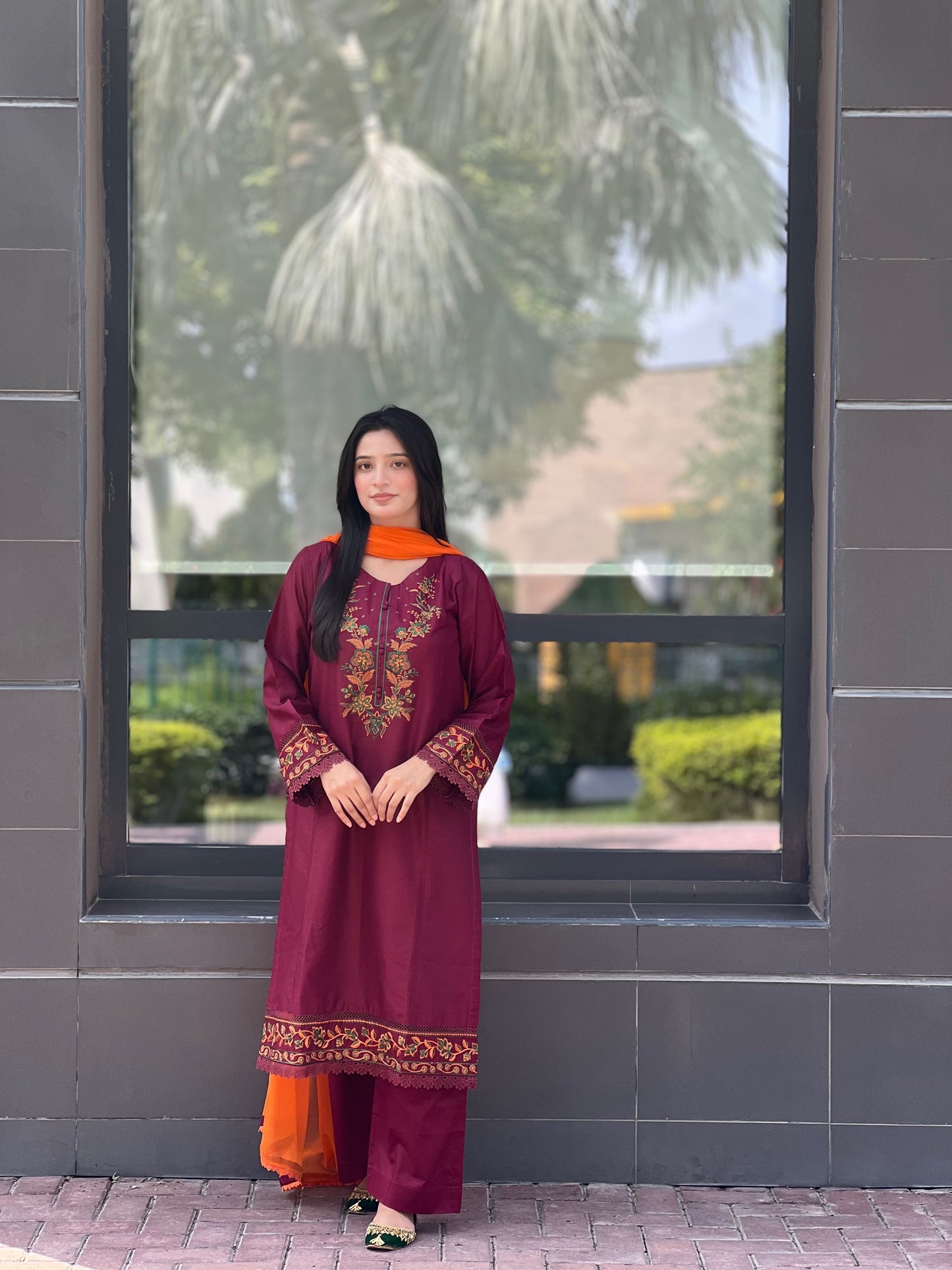 Majestic  Maroon Embroidered 3 pc