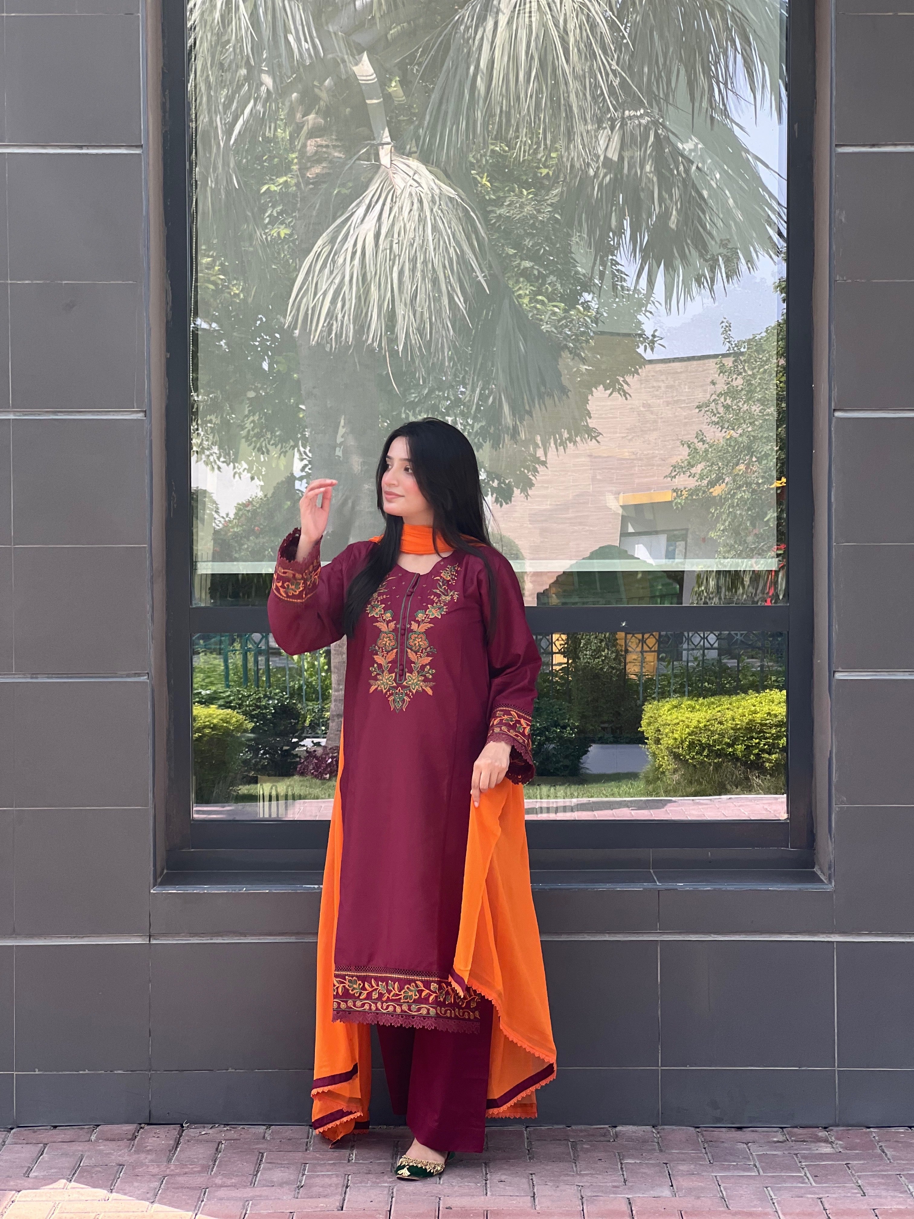 Majestic  Maroon Embroidered 3 pc