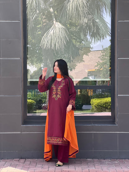 Majestic  Maroon Embroidered 3 pc