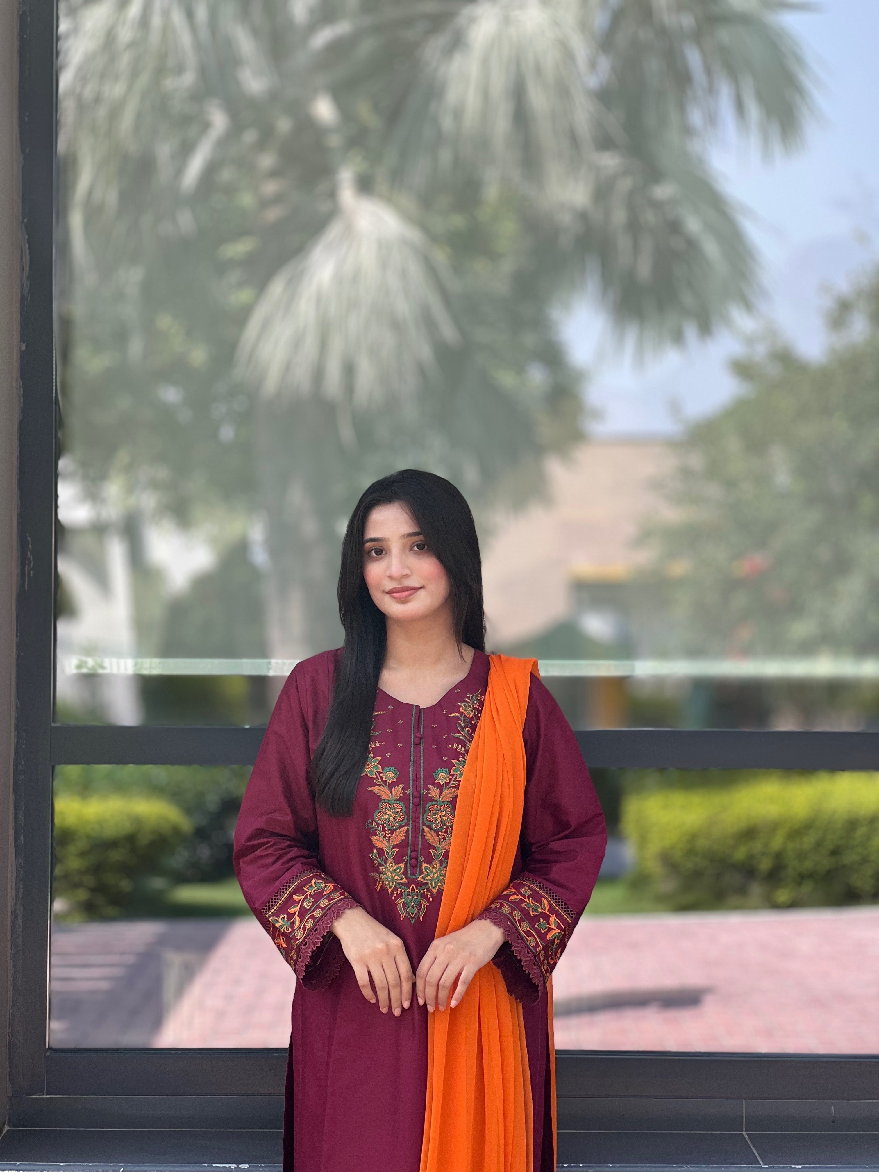 Majestic  Maroon Embroidered 3 pc