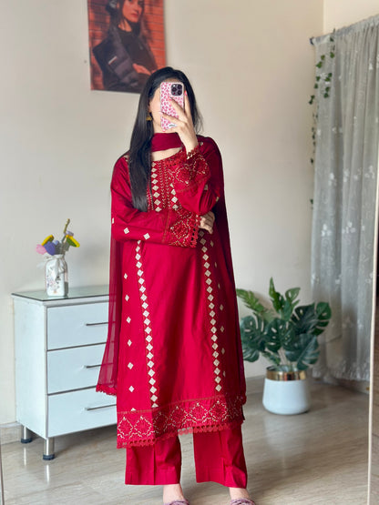 Maroon Embroidered 3PC