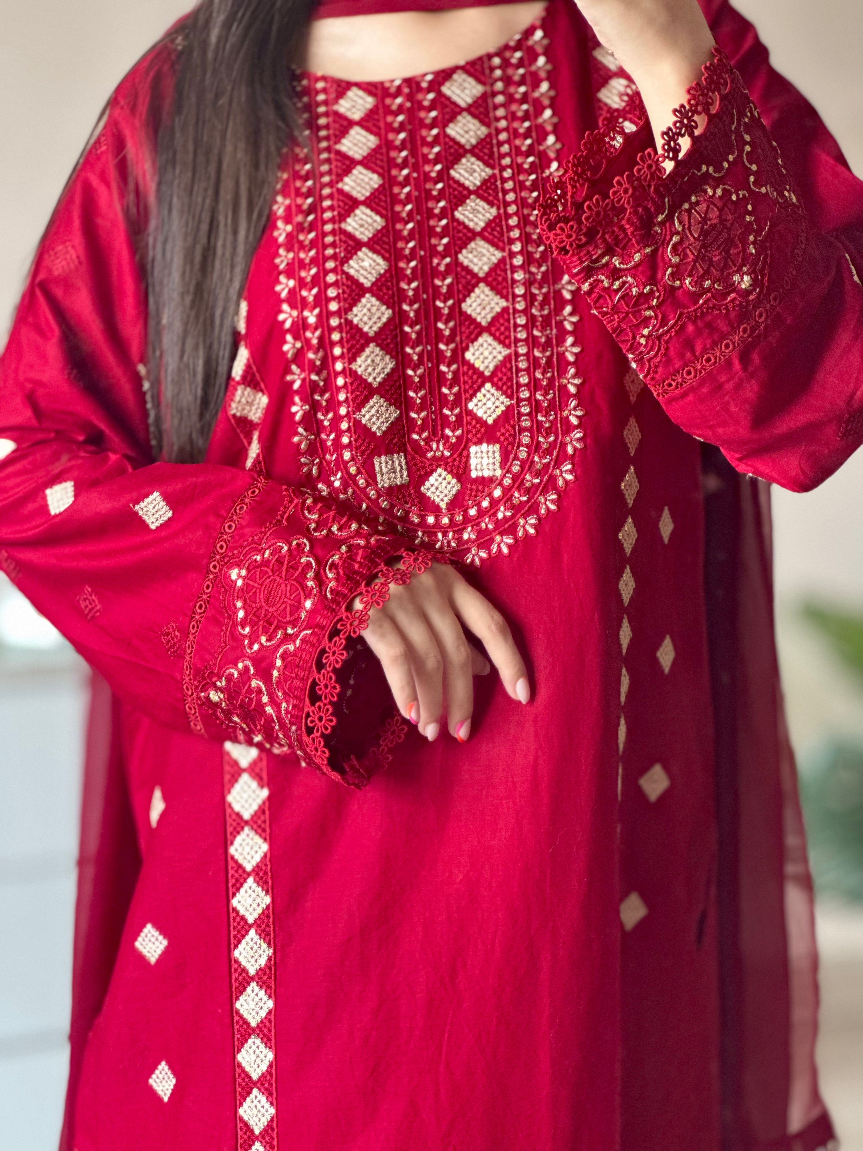 Maroon Embroidered 3PC