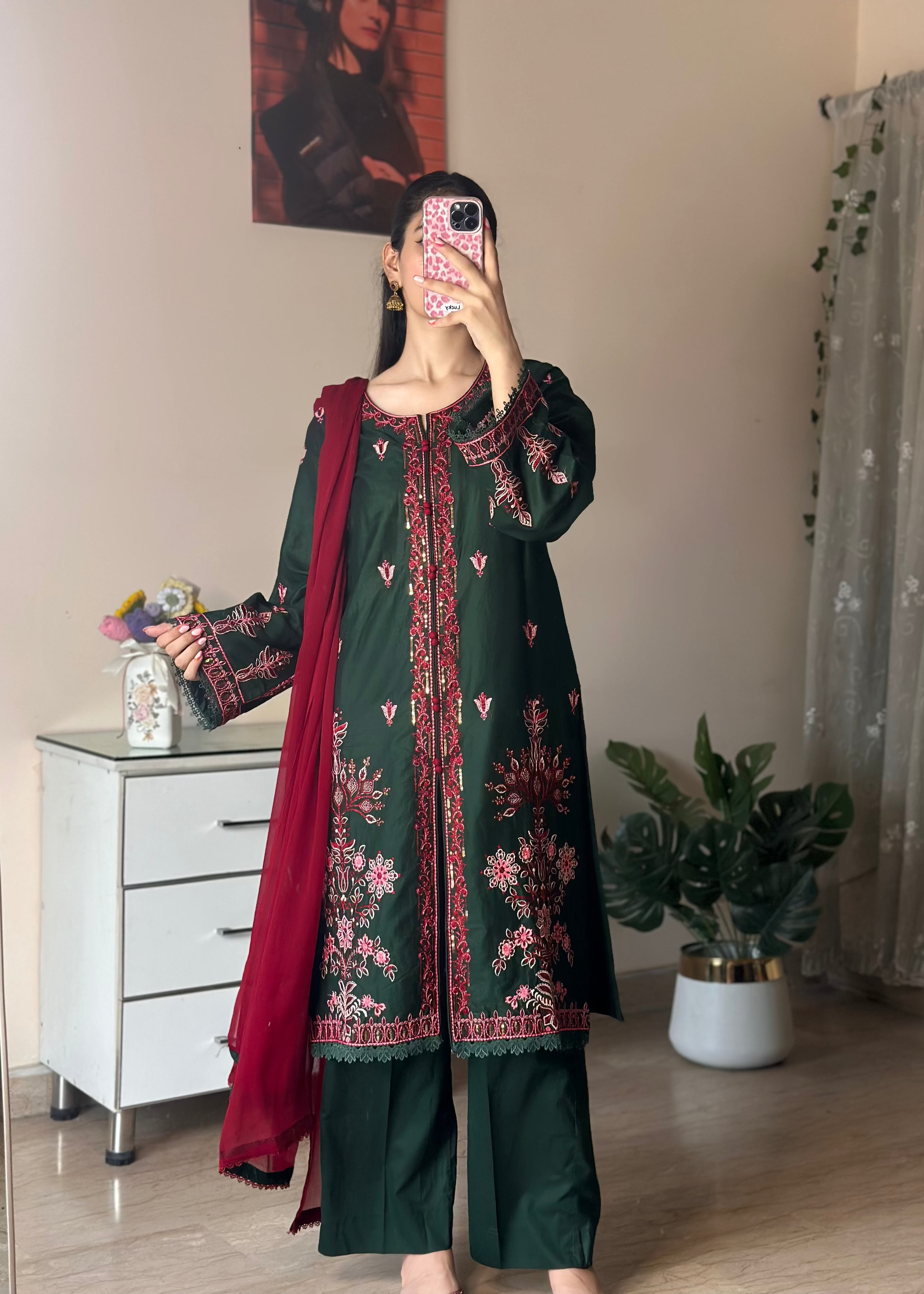 Green Embroidered 3-Piece