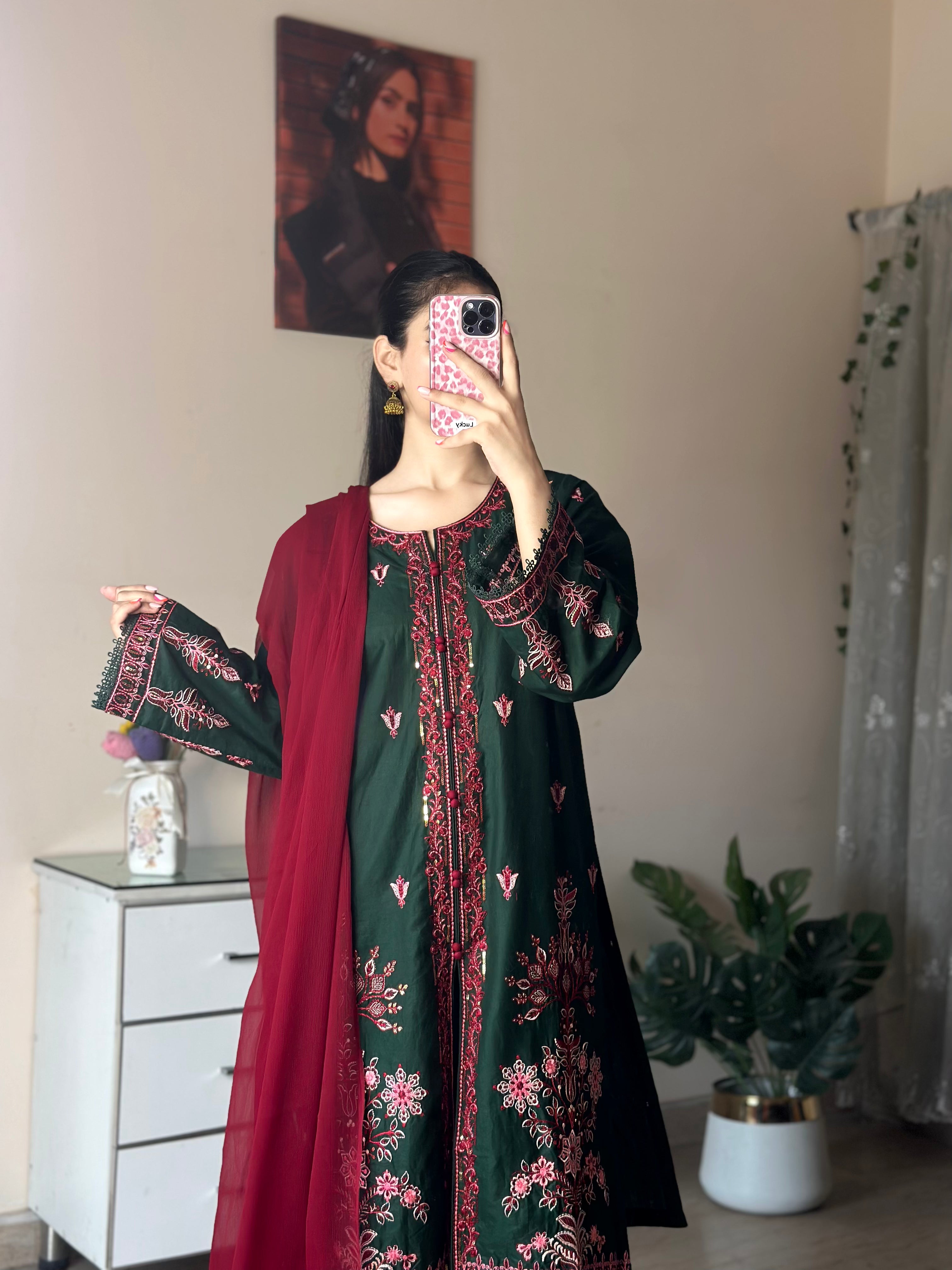 Green Embroidered 3-Piece