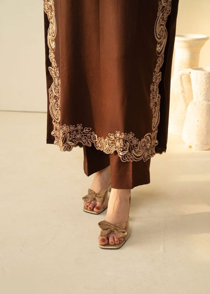 Buy Brown Embroidered 3 pc