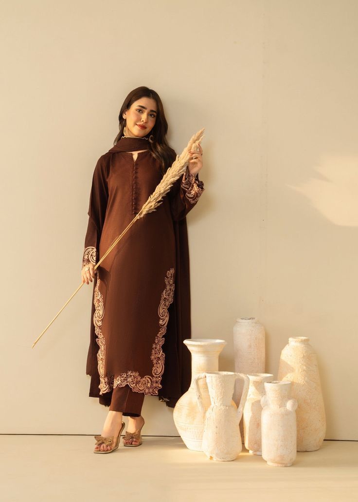 Buy Brown Embroidered 3 pc