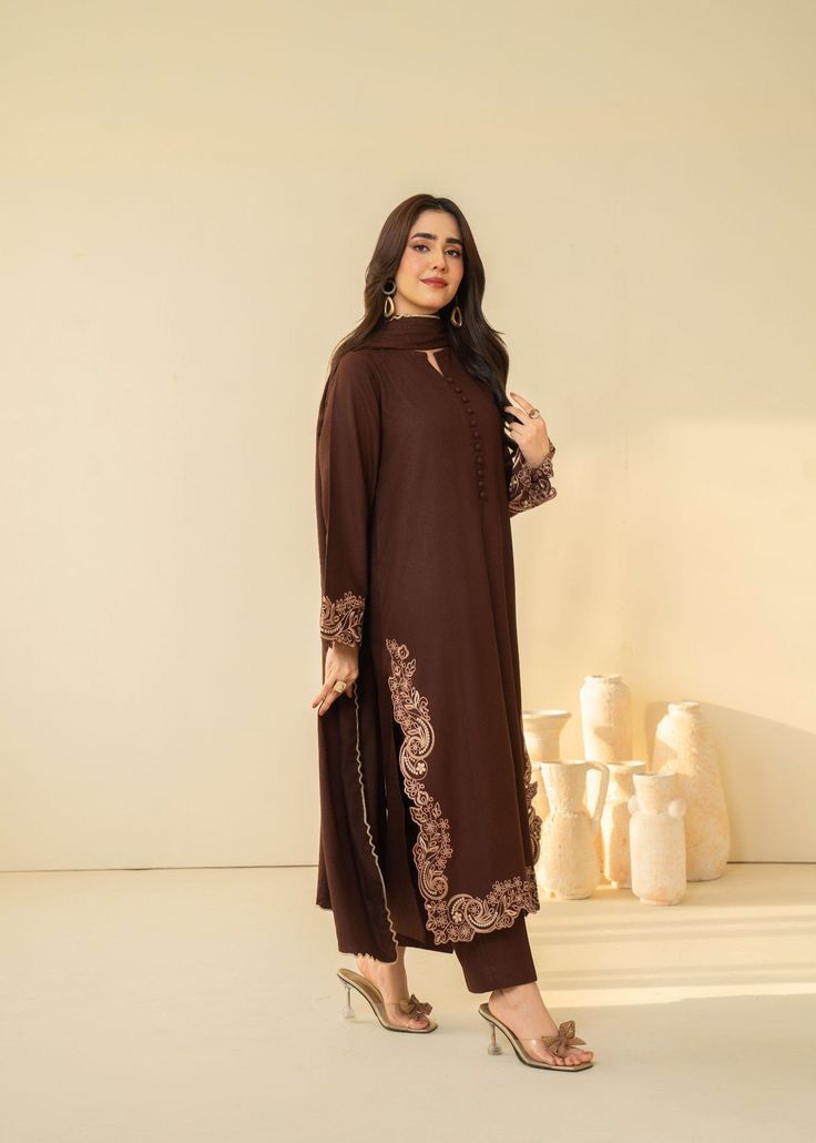 Buy Brown Embroidered 3 pc