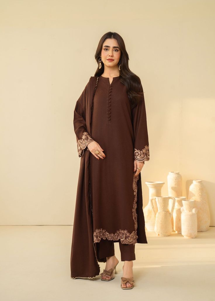 Buy Brown Embroidered 3 pc